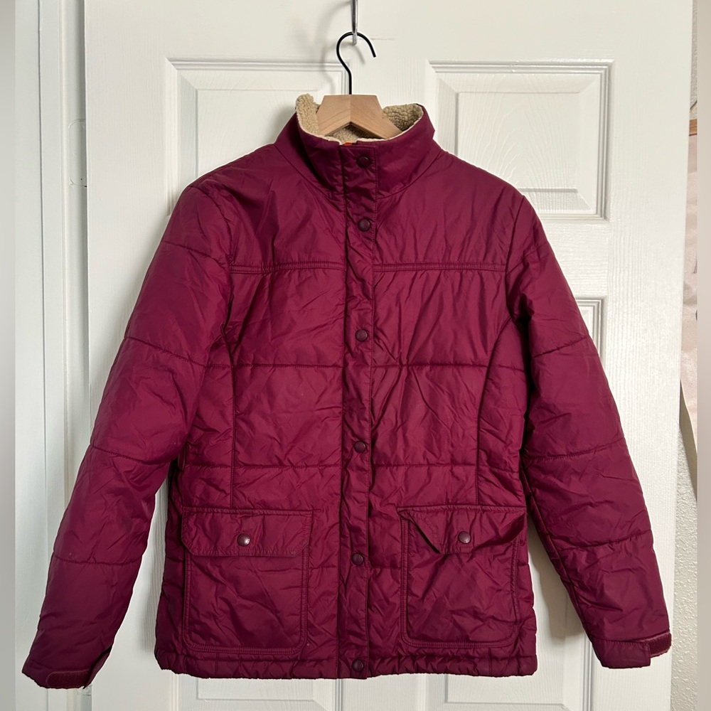 Land’s End Raspberry Sherpa lined puffer quilted jacket M 10/12